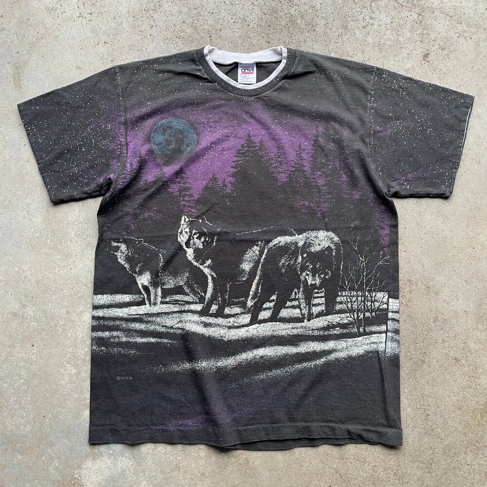 1991 Wolves Snowy Nature All Over Print T-Shirt Size: Large USA Made Anvil